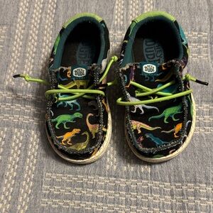 Hey Dude Kids Moccasins - Black with Colorful Dinosaur Print